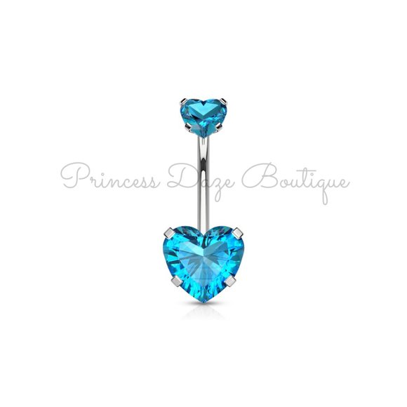 Aqua Double Heart Zircon‎ Belly Button Ring - Picture 1 of 1